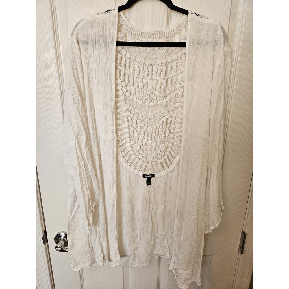 NWOT Torrid White Kimono Crochet Back LS Open Front Cover-Up Cardigan, 5X